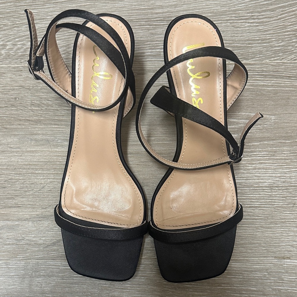 Lulu's Tuscano Black Satin Ankle Strap High Heel Sandals - Picture 4 of 9